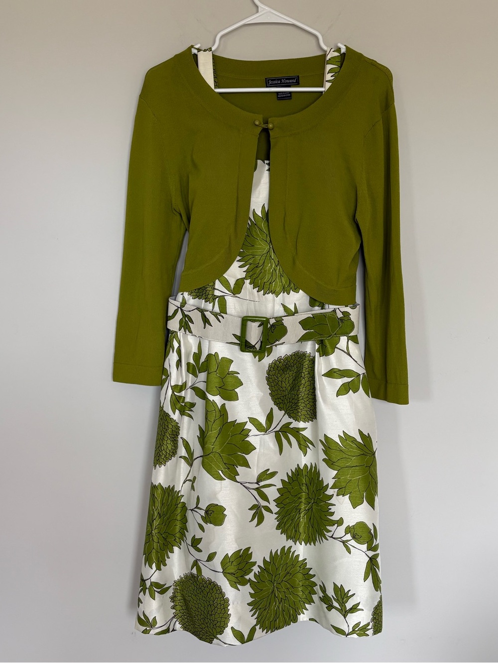 Jessica Howard Green Floral Dress & Matching Bolero Shrug Cardigan Set Sz 10